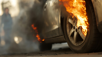 A vehicle is ablaze, engulfed in flames near its tires, sending thick smoke billowing into the air. Emergency situation unfolded, with heat and potential danger visible.