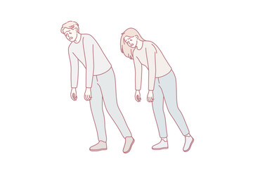 Tiredness and common exhaustion concept. Young man and woman walking with hands down feeling tired zombie vector illustration