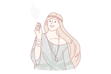 Living as hippie and free lifestyle concept. Young smiling woman hippie standing smoking cigarette feeling free vector illustration