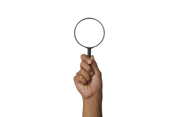 Hand, holding a magnifying glass with a white circle in the lens, cutout, PNG isolated on transparent background