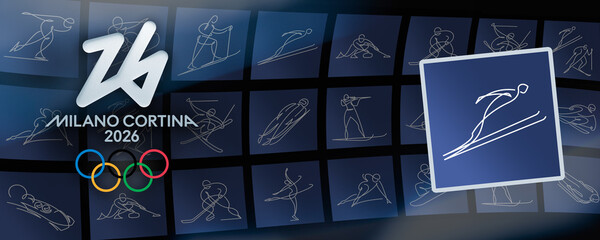 Naklejka premium MILAN, ITALY, DECEMBER 12, 2025. The stylized white Ski Jumping pictogram appears on a blue square alongside the official logo for the Milano Cortina 2026 Winter Olympic Games branding identity