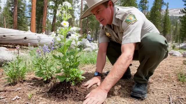 Focused medium shot of a forest ranger carefully inspecting and uprooting invasive species without chemicals emphasizing sustainable and organic management methods.