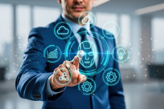 A professional man interacts with an artificial intelligence interface for business data and cloud technology - Powered by Adobe