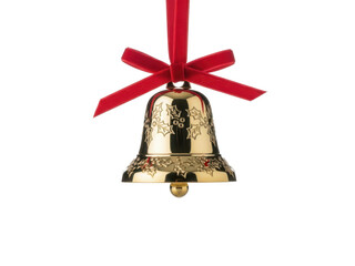 Gold Christmas bell with red ribbon and holly pattern