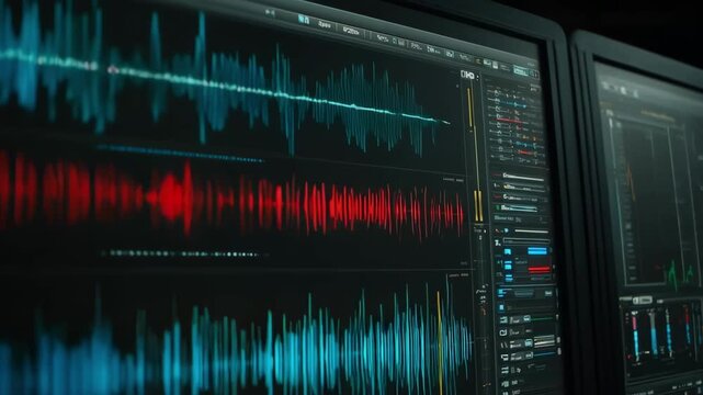 Medium shot capturing a digital audio workstation screen showing AI mastering applied to an electronic music beat highlighting frequency balancing and punch enhancement