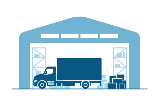 Fototapeta Warehouse, truck, and boxes. Colored silhouette. Front and side view. Vector simple flat graphic illustration. Isolated object on a white background.