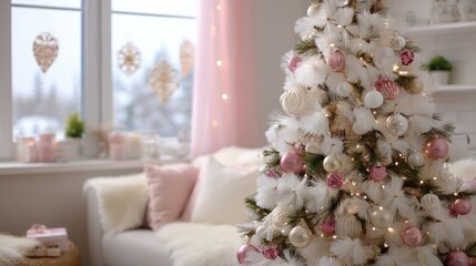 Obraz premium Decorated Christmas tree with presents in a bright living room during winter