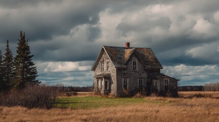 Obraz premium Eerie Old Dwelling: Abandoned Rural Home in Nova Scotia Surrounded by Grassy Fields and Dramatic Sky