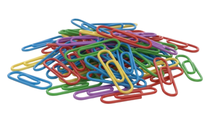 A pile of multicolored paper clips isolated on transparent background