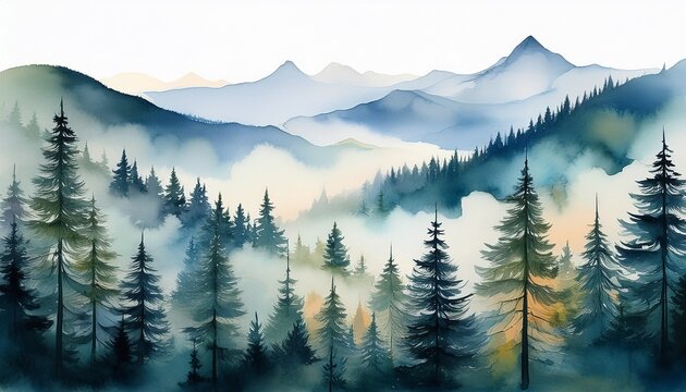 a serene watercolor painting of misty mountains featuring tall evergreen trees enveloped in fog creating a tranquil and atmospheric landscape