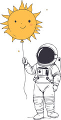 Astronaut Holding Sun-Shaped Balloon, Whimsical Space Adventure Vector Illustration Isolated Cutout