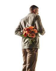 Man Holding Flowers Behind His Back, Romantic Surprise Gesture Isolated Cutout