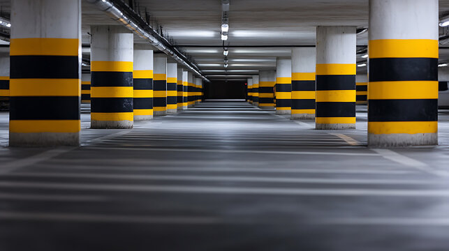 Underground Parking Facility. Concrete columns marked with alternating yellow and black stripes stretch into the distance, creating a sense of depth & rhythm. Fluorescent lighting