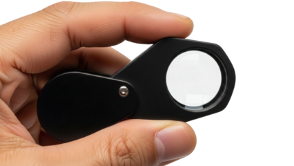 Hand holding a small black handheld magnifying glass isolated on transparent background