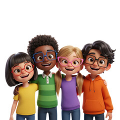 Four diverse 3d children (asian girl, black boy, caucasian girl, hispanic boy) wearing glasses, smiling happily on a transparent studio background. Concept of multicultural friendship