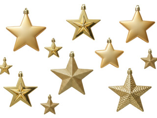 Obraz premium Gold star Christmas ornaments in various shapes and sizes shiny