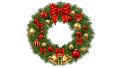 Festive Christmas wreath with green pine branches red bows gold and red ornaments and bells isolated on a transparent background