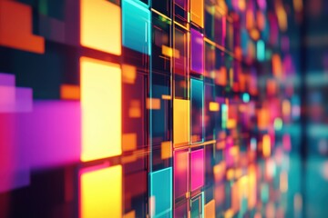 Abstract glowing pixel grid, vibrant data blocks visualization, futuristic digital information display, colorful technological background, interconnected virtual elements, modern digital art.