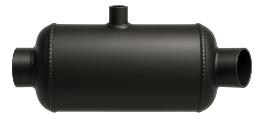 Matte black oval exhaust silencer with welded seams.