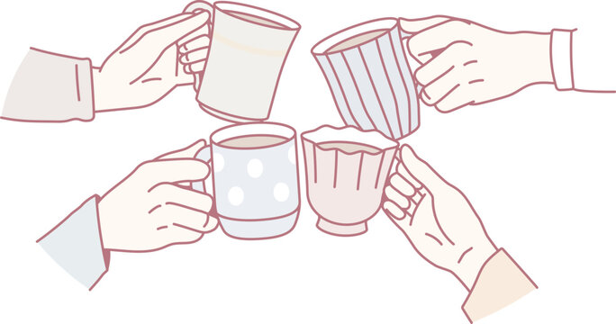 Close up of diverse friends cheers with mugs drink coffee together in morning. People cling cups enjoy tea ceremony, relax eating drinking beverages. Non alcoholic celebration. Vector illustration.