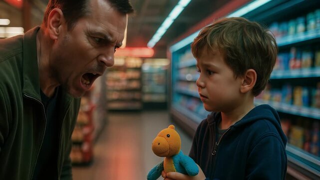 father angrily confronts his son, who looks terrified. negative aggression of family conflict. man is yelling at little boy in supermarket. concept of psychological violence of adults against children
