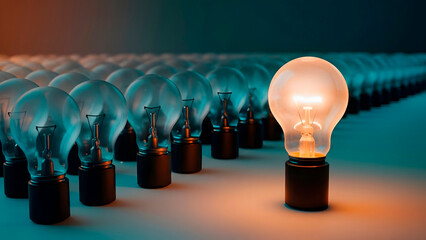 Stand Out from the Rest. Bright Light Bulb Among Dim Bulbs. Talent and Competitive Advantage Concept.
