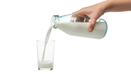 Hand pouring milk from a jug into a glass isolated on transparent background