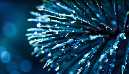 Radial pine needles sparkling with water droplets