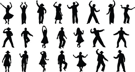 Collection of black silhouettes of people dancing and posing against a white background group