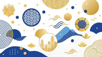 Japanese background featuring intricate gold and blue geometric shapes arranged in a harmonious pattern..eps
