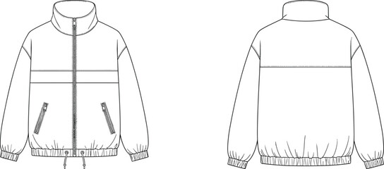 Front and back view line drawing of a black and white athletic jacket clothing apparel © Olaja Vector Vision
