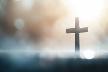 Obraz premium Christian Cross Silhouette Symbolizing Faith, Hope, and Spirituality Amidst a Serene, Divine Light, Evoking Peace and Contemplation