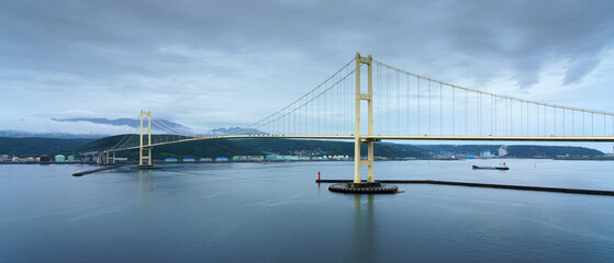 Muroran, Hokkaido, Japan - Oct 04 2024, panoramic view of the cable-stayed Hakucho Bridge, at daytime, Muroran, Japan