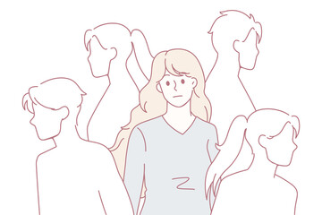 Sad young woman surrounded by people silhouettes feel lonely in society suffer from lack of communication. Upset girl struggle with loneliness and solitude in crowd. Outcast. Vector illustration.