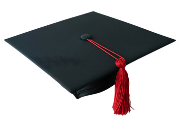 Black graduation cap, with red tassel and cord on a dark background, cutout, PNG isolated on transparent background