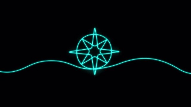 Video. Continuous neon linear compass. One line compass icon. Animation on a black background 4K.