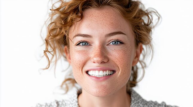 Fr&ouml;hliche junge Frau mit nat&uuml;rlichem L&auml;cheln und Sommersprossen vor wei&szlig;em Hintergrund - Gewinn