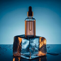Product Bottle Mockup Displayed on Transparent Ice Block with Frosty Reflection and Clean Minimal Winter Aesthetic