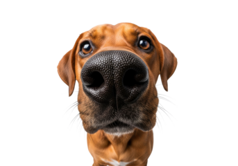high-key, low-angle studio shot of a young brown beagle-labrador mix dog with wide-angle distortion exaggerating its wet nose, tilted head, intense focus, transparent background, copy space,