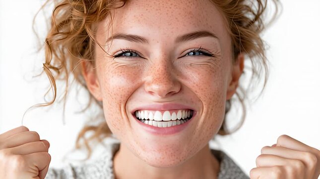 Fr&ouml;hliche junge Frau mit nat&uuml;rlichem L&auml;cheln und Sommersprossen vor wei&szlig;em Hintergrund - Gewinn