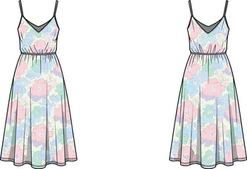 Obraz premium Pastel floral print spaghetti strap midi dress front and back view pastel colors