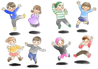 長袖の子供達がジャンプしているイラスト　手描き　水彩風