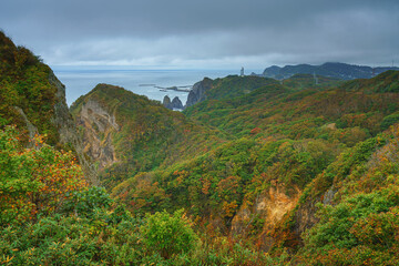Muroran, Hokkaido, Japan - Oct 4 2024, Panoramic view of the forested mountains, with the Pacific Ocean coast in the background, in cloudy weather, at daytime, Muroran, Japan