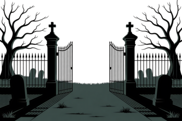 Cemetery entrance, with open gates, tombstones and bare trees, cutout, PNG isolated on transparent background
