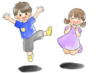半袖の子供達がジャンプしているイラスト　手描き　水彩風