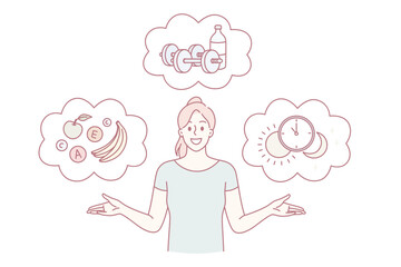 Healthy lifestyle and ration concept. Young positive pretty woman standing with healthy foods workout dumbbels and sleeping time schedule vector illustration