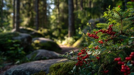 Red berries cluster on a branch in a sunlit forest