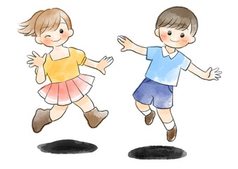 半袖の子供達がジャンプしているイラスト　手描き　水彩風