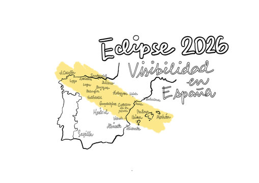 Mapa del eclipse solar total en Espa&ntilde;a el 12 de agosto de 2026 mostrando la franja de totalidad, trayectoria de la umbra y zonas de visibilidad astron&oacute;mica para turismo y educaci&oacute;n.
