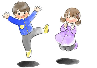 冬服の子供達がジャンプしているイラスト　手描き　水彩風